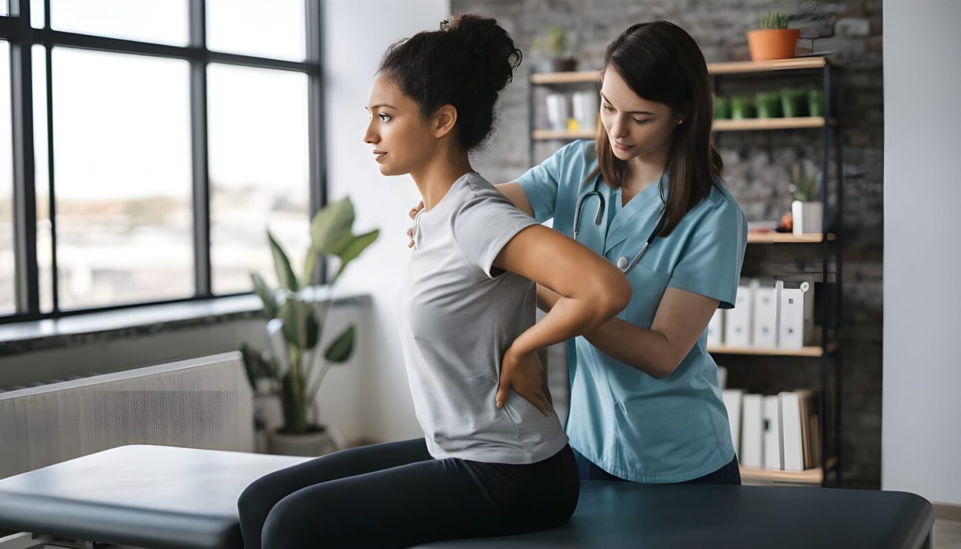 An individual undergoing physiotherapy for chronic pain management in a calm clinical setting, with a therapist guiding the patient through gentle exercises or stretches. The image emphasizes a supportive and therapeutic atmosphere.