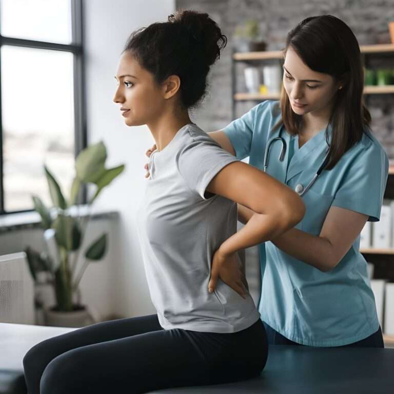 An individual undergoing physiotherapy for chronic pain management in a calm clinical setting, with a therapist guiding the patient through gentle exercises or stretches. The image emphasizes a supportive and therapeutic atmosphere.